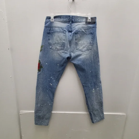 Pac Sun Embroidered Patches Paint Bleach Distressed Jeans /Unisex - Picture 2 of 9